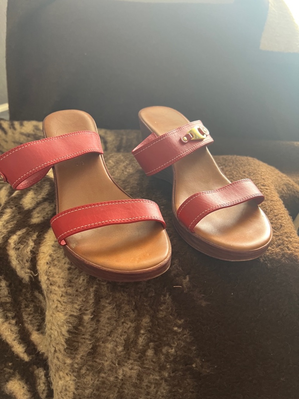 Women’s Red Double-Strap Slide Sandals with Gold Accent